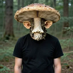 man fungal ears Mushroom Cretin the Hermit camouflaged as a toadstool wearing a black shirt odd nerdrum robert rauschenberg nelson shanks giorgio de chirico