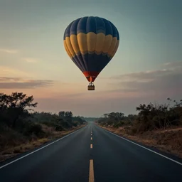 a hot air balloon flying in the middle of the road, liminal space, uncanny, saturated, eerie, morbid