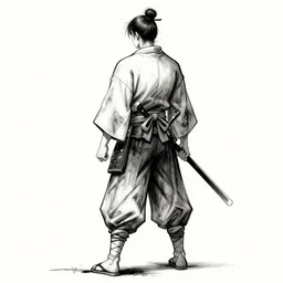 full body portrait from behind of a samurai manga vagabond, highly detailed, concept art, ink style, sketch, pinterest