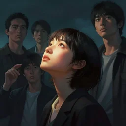 a young japanese woman with very short hair looking to the skies, cinematic lighting, dramatic atmosphere, artwork by dustin nguyen, akihiko yoshida, greg tocchini, greg rutkowski, cliff chiang, 4 k resolution, trending on artstation,