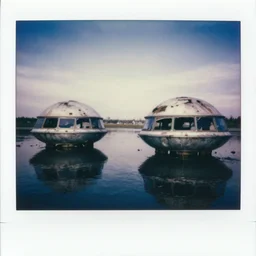 Abandoned futuristic 70s dome houses floating in the water, two point perspective, photograph, polaroid, dilapidated look, Grainy, expired film