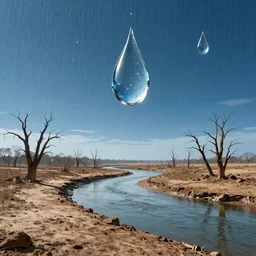 panorama of big raindrops floating in the blue sky above a dried up river in a desolate land, dead trees, blue sky, hot and sunny highly-detailed, elegant, dramatic lighting, artstation, 4k, cinematic landscape, photograph by Elisabeth Gadd
