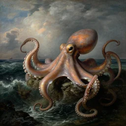giant octopus emerging from a stormy ocean, by jmw turner