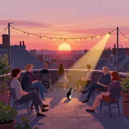 people chilling on the rooftop terrace, beautiful view, sunset, garland, ray of light, cat. digital drawing by wes anderson, jean pierre jeunet, tim burton, tomm moore, howard arkley, karl gerstner. hyper detailed.