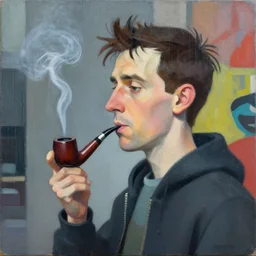 greg manchess portrait painting of snufkin smoking a pipe, medium shot, asymmetrical, profile picture, organic painting, rainy day, matte painting, bold shapes, hard edges, street art, trending on artstation, by huang guangjian and gil elvgren and sachin teng