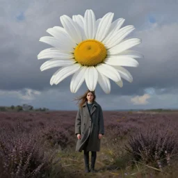 portrait, enormous daisy flower over head, a girl wearing coat in heather field, surreal photography, wind and cold, dramatic sky, impressionist painting, digital painting, artstation, simon stalenhag