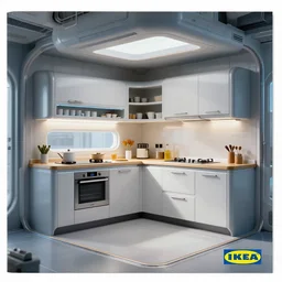 IKEA catalogue photo of a cyberpunk kitchen on a spaceship, by Paul Lehr