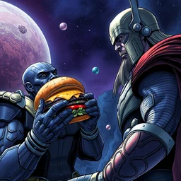thanos eating a hamburger in space while thor is watching him from the side, digital illustration, in the style of greg rutkowski, amazing detail, epic