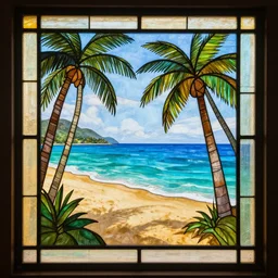 a stained glass window showing a tropical beach