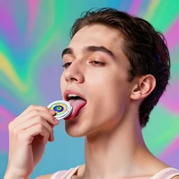 a colorful vibrant closeup portrait of a ballet dancer licking a tab of lsd acid on his tongue and dreaming psychedelic hallucinations, by kawase hasui, moebius, edward hopper and james gilleard, zdzislaw beksinski, steven outram colorful flat surreal design, hd, 8 k, artstation