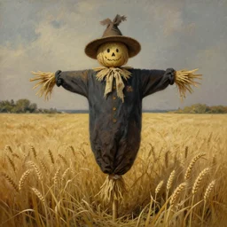 detailed soft painting of a scarecrow in a field of wheat rembrandt style, elegant, highly detailed, artstation, concept art, matte, sharp focus, folk horror gothic