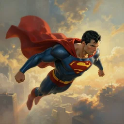 cyberpunk superman flying, atmospheric lighting, painted, intricate, golden hour, ultra detailed by peter gric, giger, enki bilal