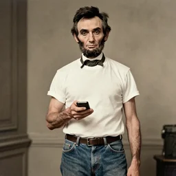 old photo of abraham lincoln wearing a t - shirt and jeans and holding a cell phone