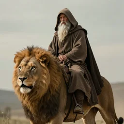 portrait of a hooded wise old man long white beard wearing a brown tunic ; he is riding majestically on a beautiful lions back, epic digital art, cinematic, trending on artstation, superb detail 8 k masterpiece