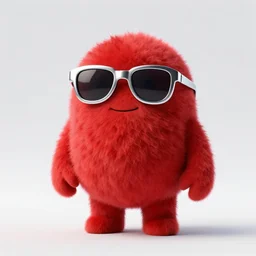 3 d render of completely red hairy friendly antropomorphic creature wearing chrome shades, without nose, shy smile, full body, standing on 2 feet, in the style of pixar, white background, unreal engine 5, octane render, highly detailed hdr