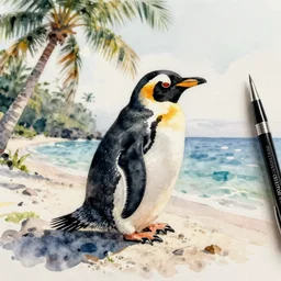 Watercolor and pen of a penguin sunbathing on a tropical island