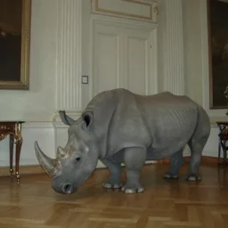 a rhinoceros in a neoclassical room, by mini dv camera, very very low quality, heavy grain, very blurry, accidental flash, caught on trail cam