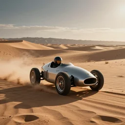 a retro flying racing car in the desert