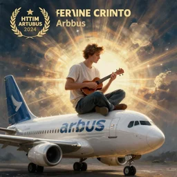 album art, man sitting on top of an airbus playing ukulele, profile picture, digital art