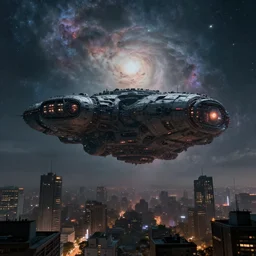 detailed giant aliens ship over the city, the nebula is visible in the sky, beautiful dramatic moody lighting, subsurface scattering, cinematic atmosphere, by Jean Giraud, Alex Grey, Zdzislaw Beksiński, Dan Mumford, Patiphan Sottiwilaiphong, octane render, Vray, Arnold