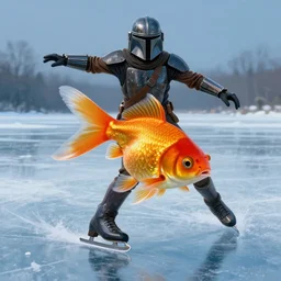 a classy alcoholic goldfish ice skating on a frozen lake concept art by Doug Chiang cinematic, realistic painting, high definition, digital art, symmetrical, very detailed, extremely high detail, photo realistic, concept art, unreal engine 5, the Mandalorian concept art style