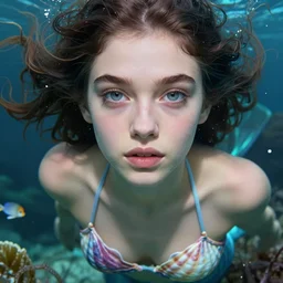 Ava Dalush as a mermaid with a piercing gaze wearing a shell bikini in an underwater magical forest, highly detailed face, realistic face, beautiful detailed eyes, fantasy art, in the style of artgerm, illustration, epic, fantasy, intricate, hyper detailed, artstation, concept art, smooth, sharp focus, ray tracing, vibrant, photorealistic