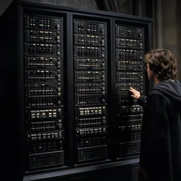 Movie still of an IBM mainframe installed at Hogwarts in Harry Potter