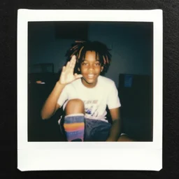 a black boy with colored sock and colored dread hair in a dark room flahs, polaroid effect!!!