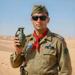 a painting of an israeli solidier with sunglasses, a field cap, and a red ascot holding a hand grenade in the desert high details