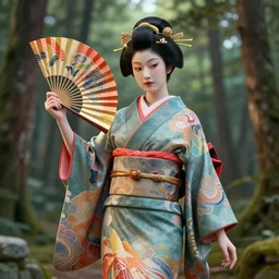 a beautiful 3 d render of a giesha goddess wearing a kimono + holding a japanese fan, innovative avant - garde art, deco fashion, photorealistic + in a serene forest setting!!!!!!!, concept art, award winning, 4 k, rule of thirds, volumetric lighting, hyper detailed, octane render