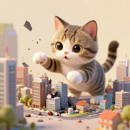 Cute tabby cat destroying miniature city, digital art, artstation, cgstudio