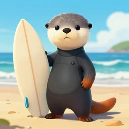 a cute male gray turquoise white orange otter fursona wearing a black wetsuit and holding a surfboard on a beach, fantasy, paws on the sand, 8 k resolution, hyper detailed, character design, illustration, trending on artstation