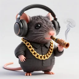 rat gangster wearing headphones, wearing a gold chain, smoking a blunt, anthropomorphic, 3d render, blender, 4k
