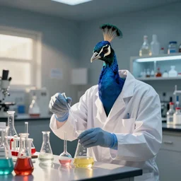 a photo of an peacock dressed as a scientist doing chemistry experiments in a laboratory, ful color cinematic volumetric ligth
