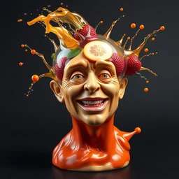 a funny sculpture of a squashed human head with a transparent head made out of fruit, splashing fruit juice, funny face, vibrant, in the style of mike campau, cg render, ray tracing, 8 k resolution, sharp
