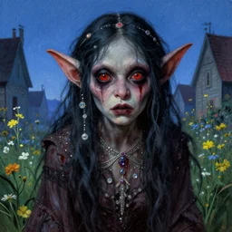 a pretty but sinister and creepy goblin in layers of fear, with haunted eyes, violence in her eyes, 1 9 7 0 s, seventies, delicate embellishments, a little blood, small town, blue dawn light shining on wildflowers, painterly, offset printing technique, by walter popp, alexandre cabanel