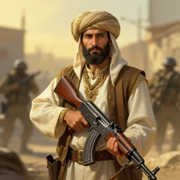 male cottagecore taliban leader holding a kalashnikov rifle, urban warfare background, golden hour, intricate, elegant. highly detailed, digital painting, artstation, concept art, smooth, sharp, focus, illustration.. art by artgerm and greg rutkowski and alphonse mucha