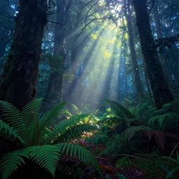 photograph of a dense mystic forest, mystic hues, breathtaking lights shining, psychedelic fern, tyndall effect, lantern flies, foggy, 4k, Acid Pixie, by thomas kinkade
