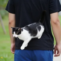 black and white cat walking on the back of a man wearing a black t - shirt and blue shorts