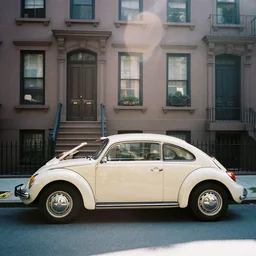A photo of a VW Beetle parked on the street in Brooklyn NY in front of a brownstone, taken with a Pentax K1000, lens flare