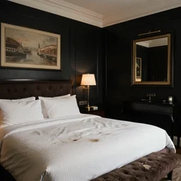 a trashed luxury hotel room, black walls