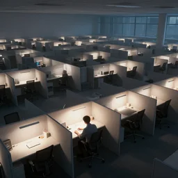 digital artwork of lone person working in a huge room full of cubicles, the only light is coming from his desk
