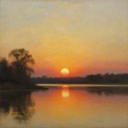 painting of the sun setting over a lake, a photorealistic painting by pierre toutain - dorbec, deviantart, hudson river school, detailed painting, oil on canvas, hyper - realism