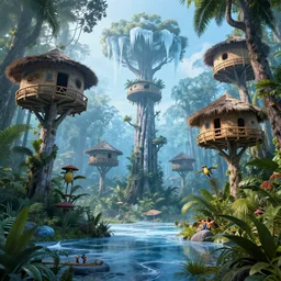 frozen amazonian jungle with native treehouses, by peter mohrbacher dan mumford craig mullins nekro, cgsociety, pixiv, volumetric light, 3 d render