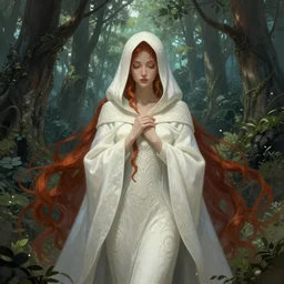 wide angle, cloaked woman, white green brown blue color palette, eyes closed, forest, female, d & d, fantasy, intricate, elegant, highly detailed, long red hair, digital painting, artstation, octane render, concept art, matte, sharp focus, illustration, hearthstone, art by artgerm, alphonse mucha johannes voss