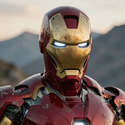 head and shoulders portrait of a iron man, chipped armor, dirty armor, used armor, light spatter of blood, detailed face, photography by jimmy nelson, dramatic mountain background, golden hour, hq