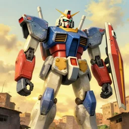 colourful - damaged - giant mecha ROBOT of AJEGUNLE SLUMS in Lagos, markings on robot, Golden Hour, in the style of studio ghibli,