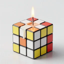 a melting wax candle rubik's cube with wick that is on fire