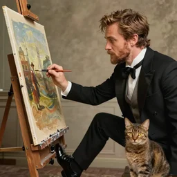 clean shaven mcgregor is dressed as a gentleman at early 2 0 th century paris. he is watching an easel. that easel has a canvas on it. ewan mcgregor has a brush on his hand. he is painting a painting. there is a small brown cat with yellow eyes on ewan mcgregors feet, by h. r. giger