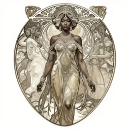black african princess, symmetric, highly detailed, concept art, intricate, sharp focus, illustration, rutkowski, artgerm, alphonse mucha, hans thoma